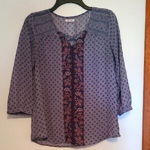Maurices Gray Sheer Blouse With Navy & Burgundy Accents Sz S